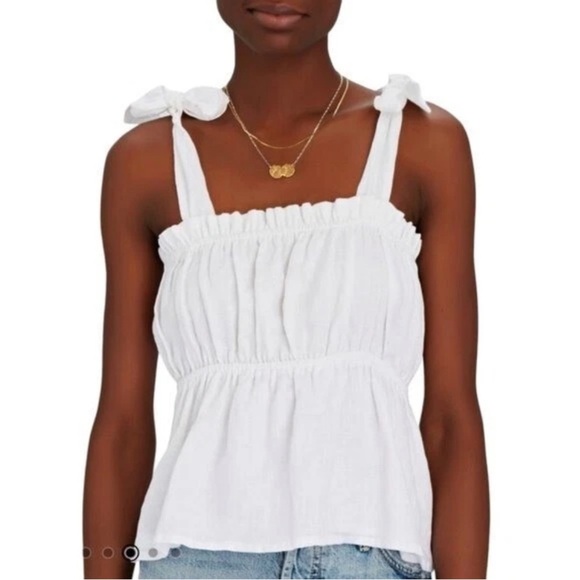 Faithful The Brand Camille Elegant White Linen Ruffle Strap Tank Top. Cropped - Picture 3 of 16